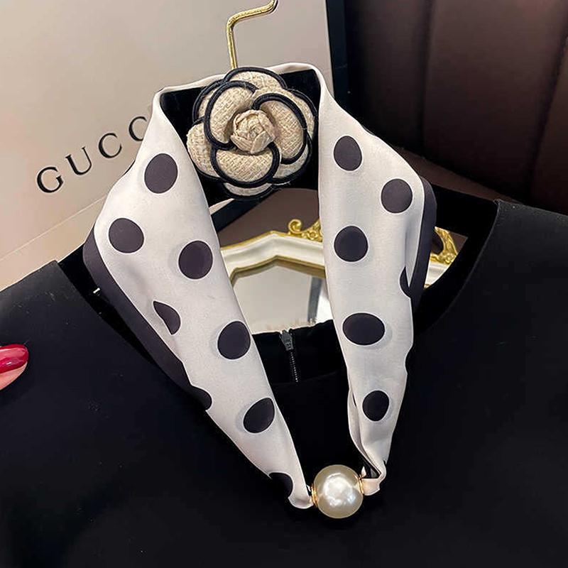 Elegant Satin Neck Scarf for Women with 2 in 1 Pearl Chain Necklace Buckle Lightweight Soft Shawl Gift for Party Office Wear