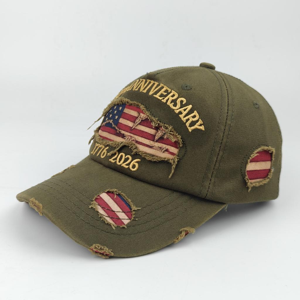 Anniversary USA Flag Distressed Baseball Cap, Vintage Washed Ripped Patriotic Dad Hat for Men Women, Retro American Flag Trucker Hat for 4th of July