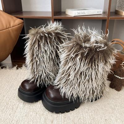 Меховые ботильоны на высоком каблуке Женские дизайнерские туфли на платформе для женщин Тренд Зимние Короткие Плюшевые Ботинки Лодочки Платье Mujer Ботинки