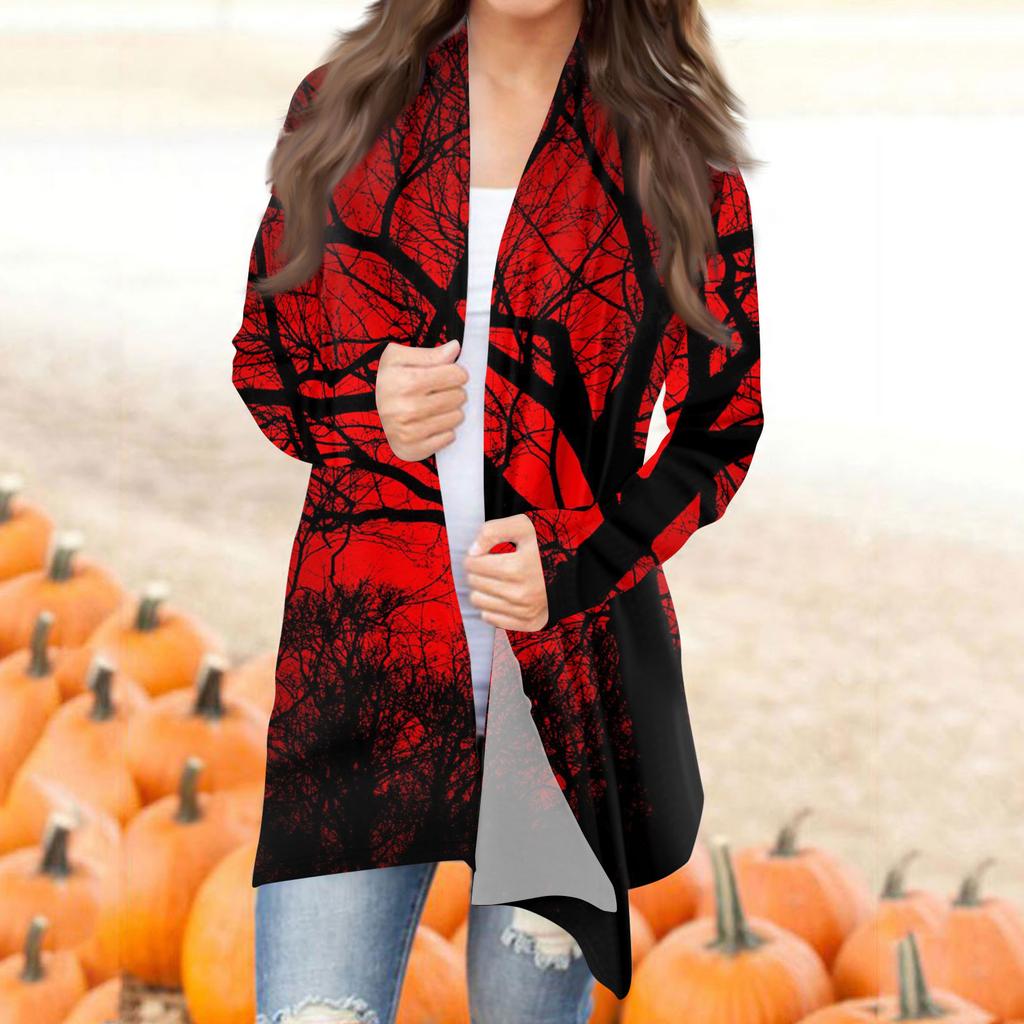 Женская модная повседневная куртка-кардиган средней длины с длинным рукавом и принтом на Хэллоуин