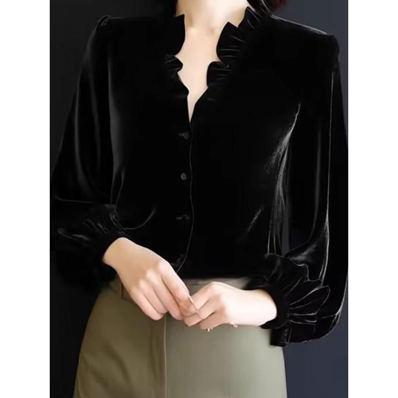 French Retro Gold Velvet Spliced Top Autumn Winter New Long-sleeved Celebrity Shirt