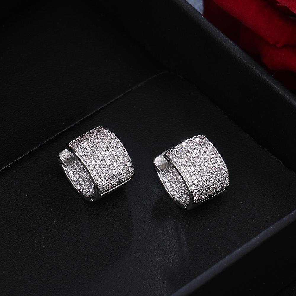 EmmayaZircons Double Sided Micro Paved Cubic Zirconia White Gold CZ Stone Rectangle Hoop Earrings for Ladies Jewelry