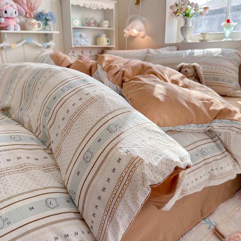 Small and fresh Class A pure cotton cloud double-layer yarn four-piece set dormitory cotton kapok bed three-piece set bed sheet quilt cover 1