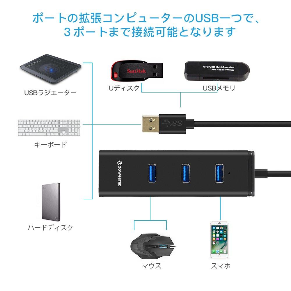 ZOWEETEK USB-хаб с проводной локальной сетью USB RJ45 Gigabit Bus Быстрый Компактный Адаптер, 3-портовый хаб 3.0, Ethernet, с питанием, Легкий, Зарядка,