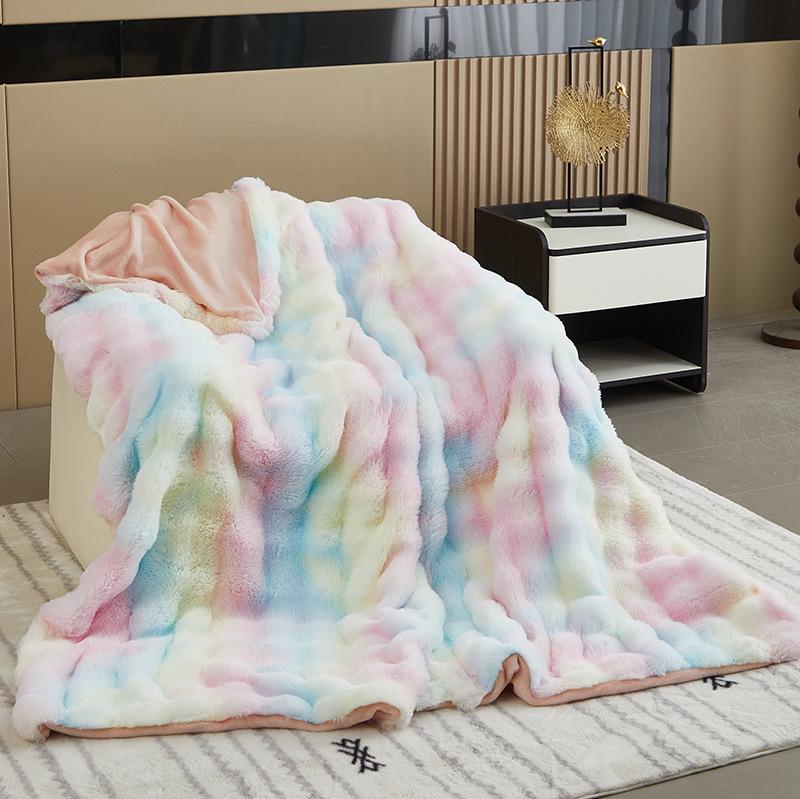 Rabbit Fleece Blanket Rainbow Double Layer Blanket Winter Thickening Sofa Cover Blanket Office Nap Blanket Dormitory Warm Blanket