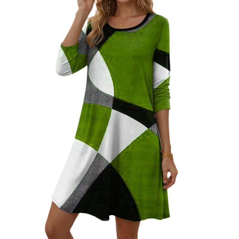 Женские платья Весенне-осеннее повседневное свободное разноцветное платье с длинным рукавом и круглым вырезом с принтом