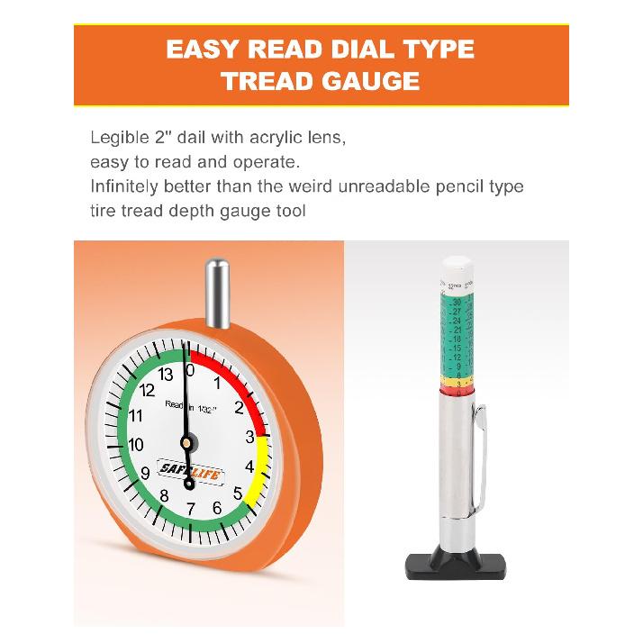 SAFELIFE Tire Tread Depth Gauge, Dial Type Tire Depth Gauge With Color Coded Reads In 1/32" Tread Depth Gauge Professional For Motorcycle, Car,Truck