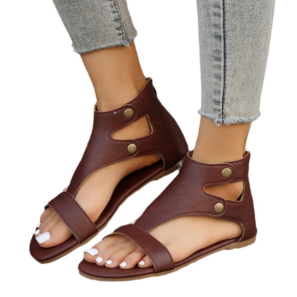 Sales New Openwork Open Toe Back Zipper Flat Sandals for Women Cross-border Large Size Vintage Sandals Roman Shoes