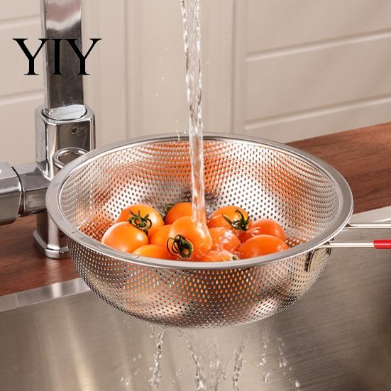 Easy Clean Food Colander Stainless Steel Rice Washing Basket, Red Handle Fine Fruit Rinsing Tool Mesh Strainer, Heat-Insulating for Vegetable Draining