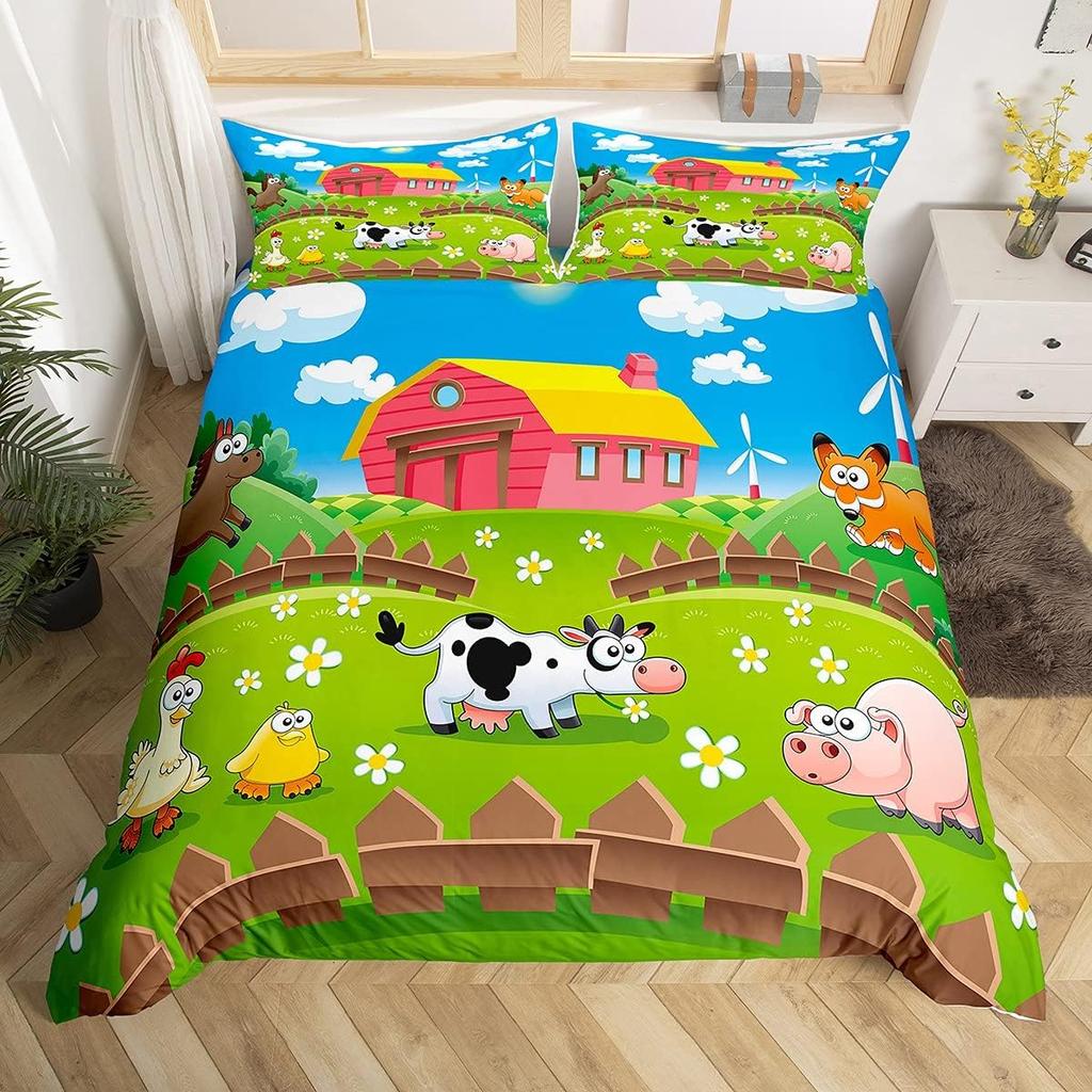Cartoon Animal Duvet Cover Set, Farm Animal Comforter Cover, Rustic Farmhouse Bedding Set Twin Queen For Kids Boys Girls Adults