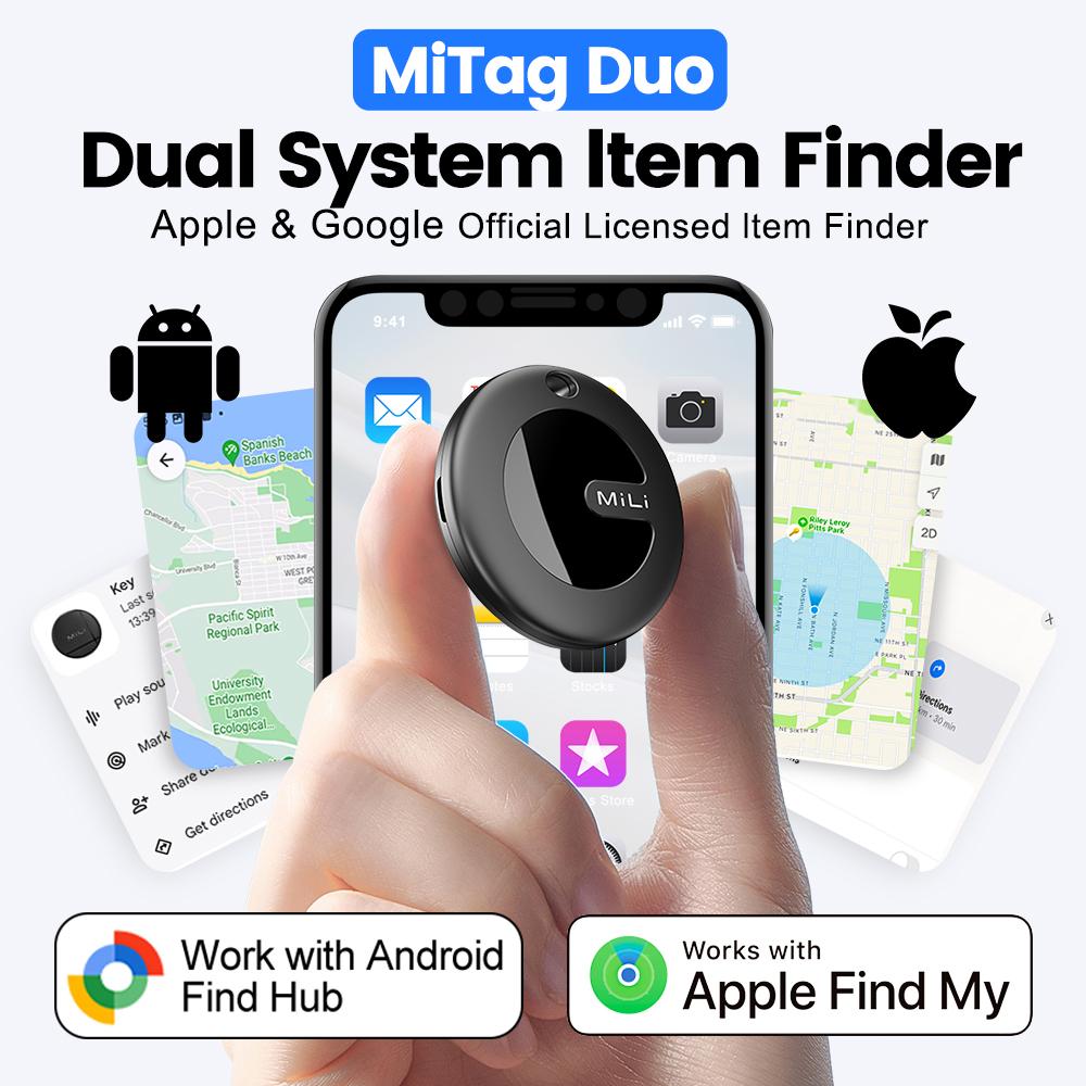 Dual System MiLi MiTag Smart Location Tag Bluetooth GPS Tracker Locator Keys Finder Works With Apple Find My Google Find Hub