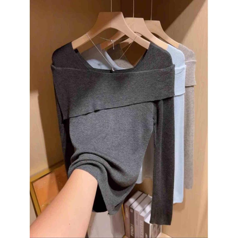 One-word Shoulder Long-sleeved Knitted Bottoming Shirt for Women's Early Autumn Inner Wear Atmosphere Sweater, Thin Waist Top