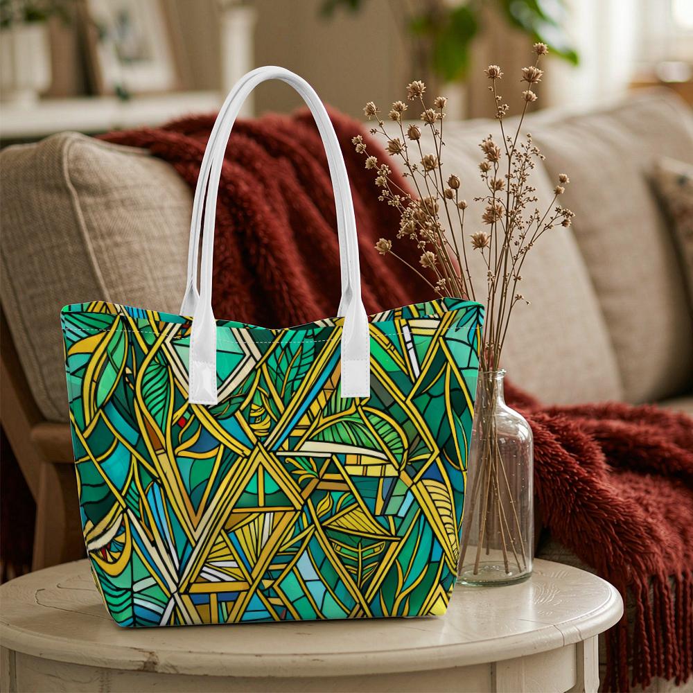 Green Yellow Geometric Print Tote Bag Casual Large Capacity Handbag for Daily Shopping Commute