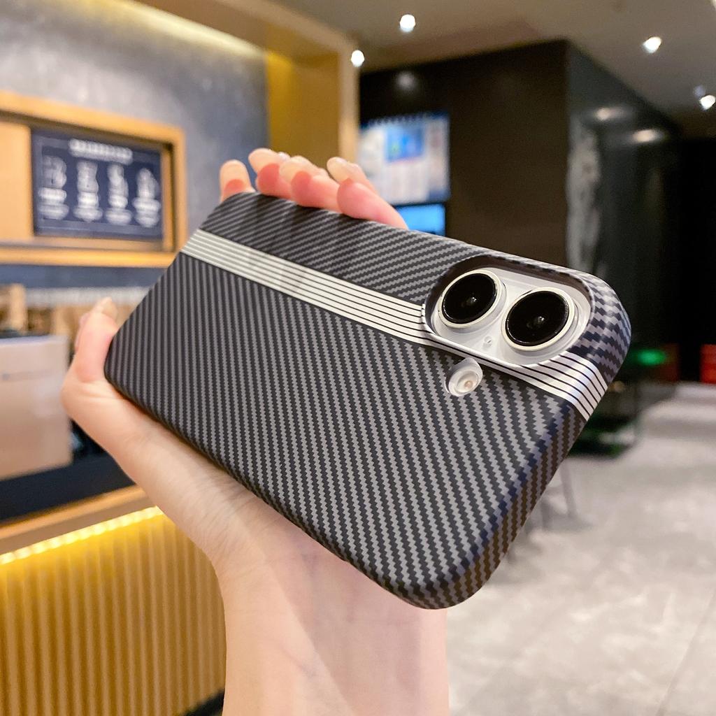 Carbon Fiber Kevlar Pattern PC Case For iPhone 17 Air 16 15 14 Plus 13 12 11 Pro Max Shockproof Splice Retro Lines Cover