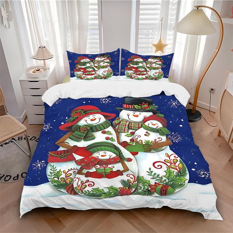 3pcs Christmas Snowman Family Decorative Bedding Set, Includes One Quilt Cover and Two Pillowcases (No Core), Gift for Home Décor, Anime Cartoon