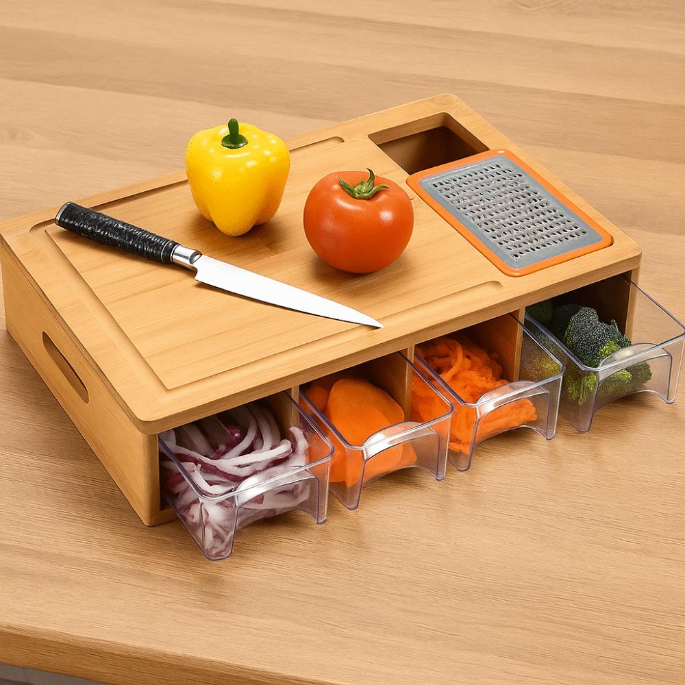 Bamboo Multifunctional Cutting Board Set Drawer Design with Container and Grater Chopping Block Square Chopping Board