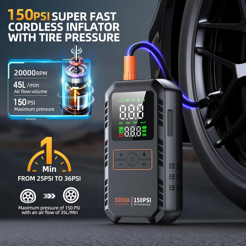 Автомобильный пуско-зарядное устройство 5000А 150PSI с компрессором, Насос для шин, Большой ЖК-дисплей, Светодиодный фонарь, для Автомобилей, Велосипеда и Мотоцикла