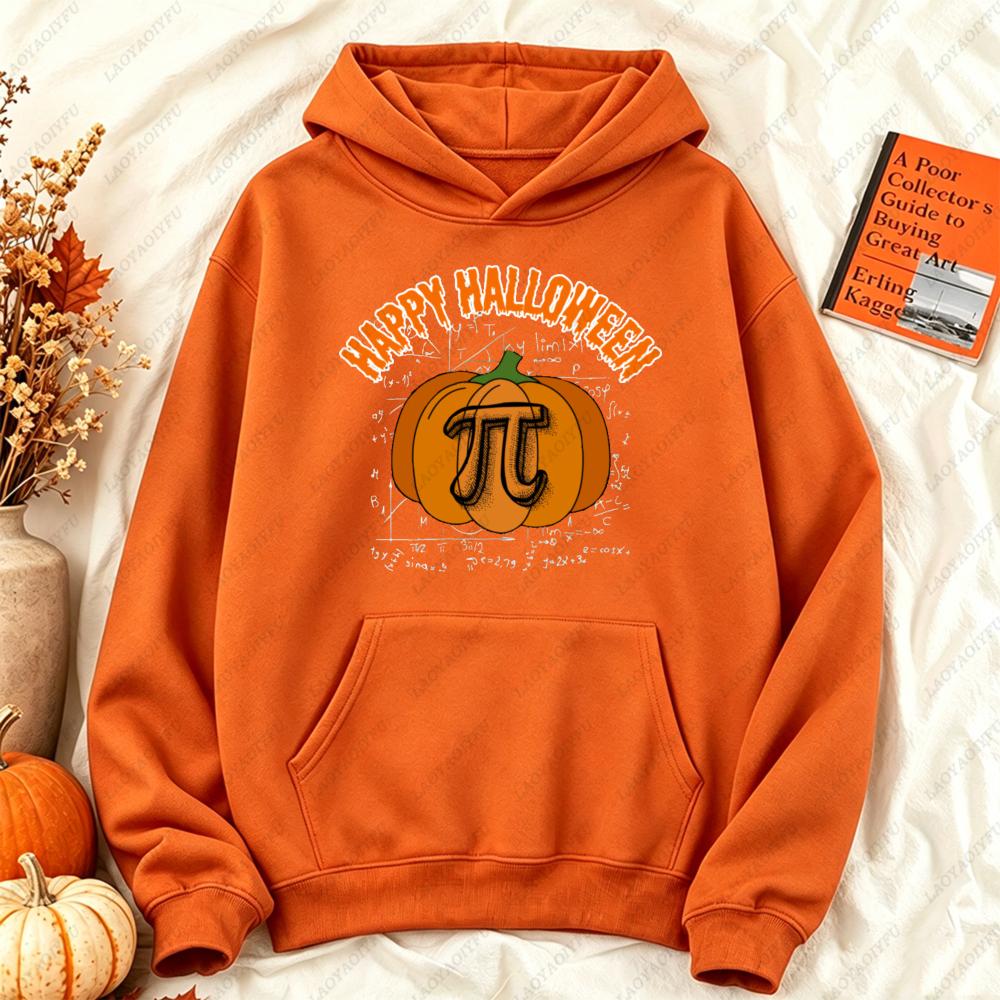 Happy Halloween Pumpkin Pi Math Teacher Graphic Hoodie Women Funny Science Bookworm Casual Long Sleeve Fall Holiday Daily Wear