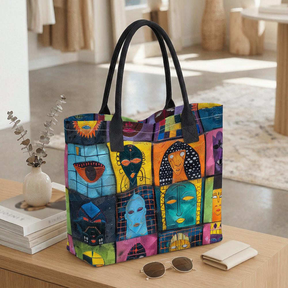 Artistic Abstract Faces Print Tote Bag Large Casual Daily Shoulder Handbag for Women