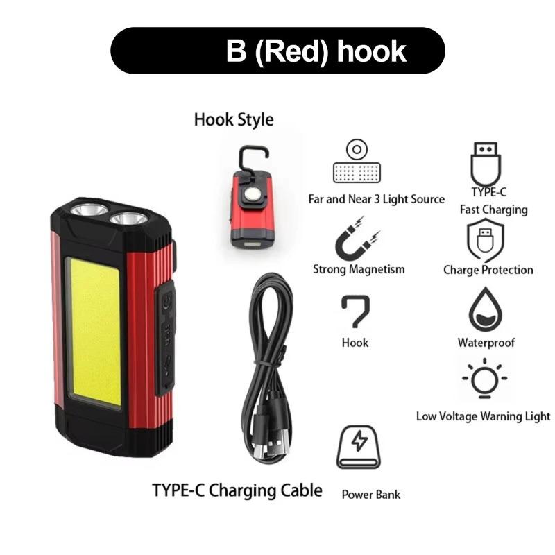 Светодиодный рабочий фонарь USB Type-C Зарядка Фонарик Красные Магнитные Фонари Водонепроницаемый Рабочий Крюк Перезаряжаемый Складной COB Вращающийся Самый Яркий