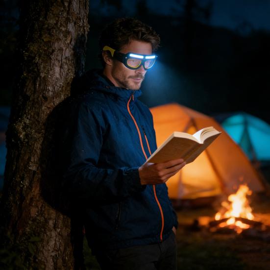 Motion Sensor Headlamp Glasses Rechargeable LED Touchless Switch Light with 5 Modes Waterproof USB-C Camping Headlight for Night Cycling Fishing Work