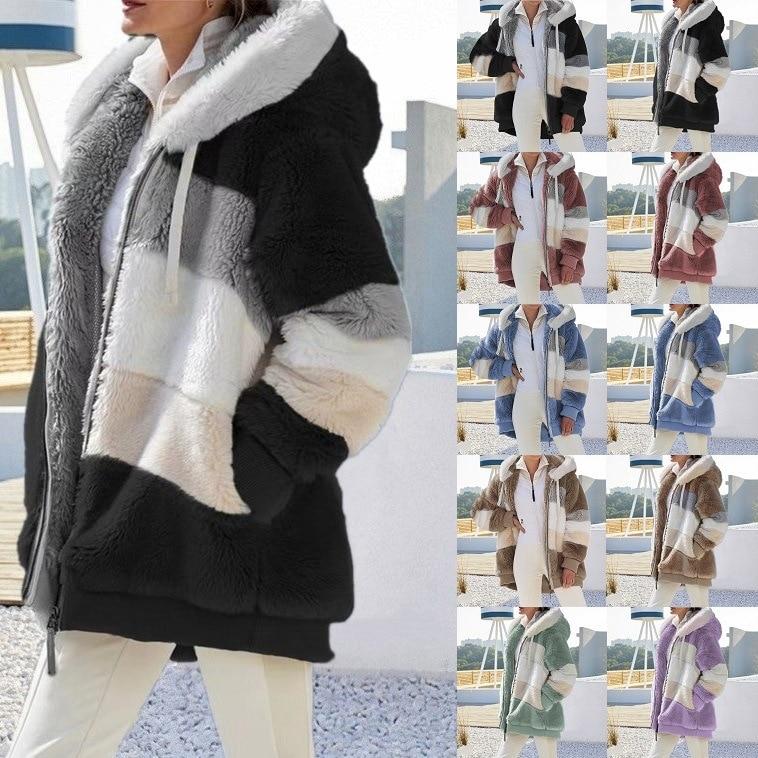 Women's Fashion Hooded Warm Loose Jacket for Women Patchwork Outerwear Zipper Ladies Plus Size Sweaters
