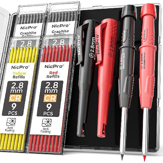 Nicpro 4 Pack CP3000 Carpenter Pencils with Sharpener, Mechanical Pencil Set with 76 Refills, Heavy Duty Construction Pencil, Carpenter Tools for