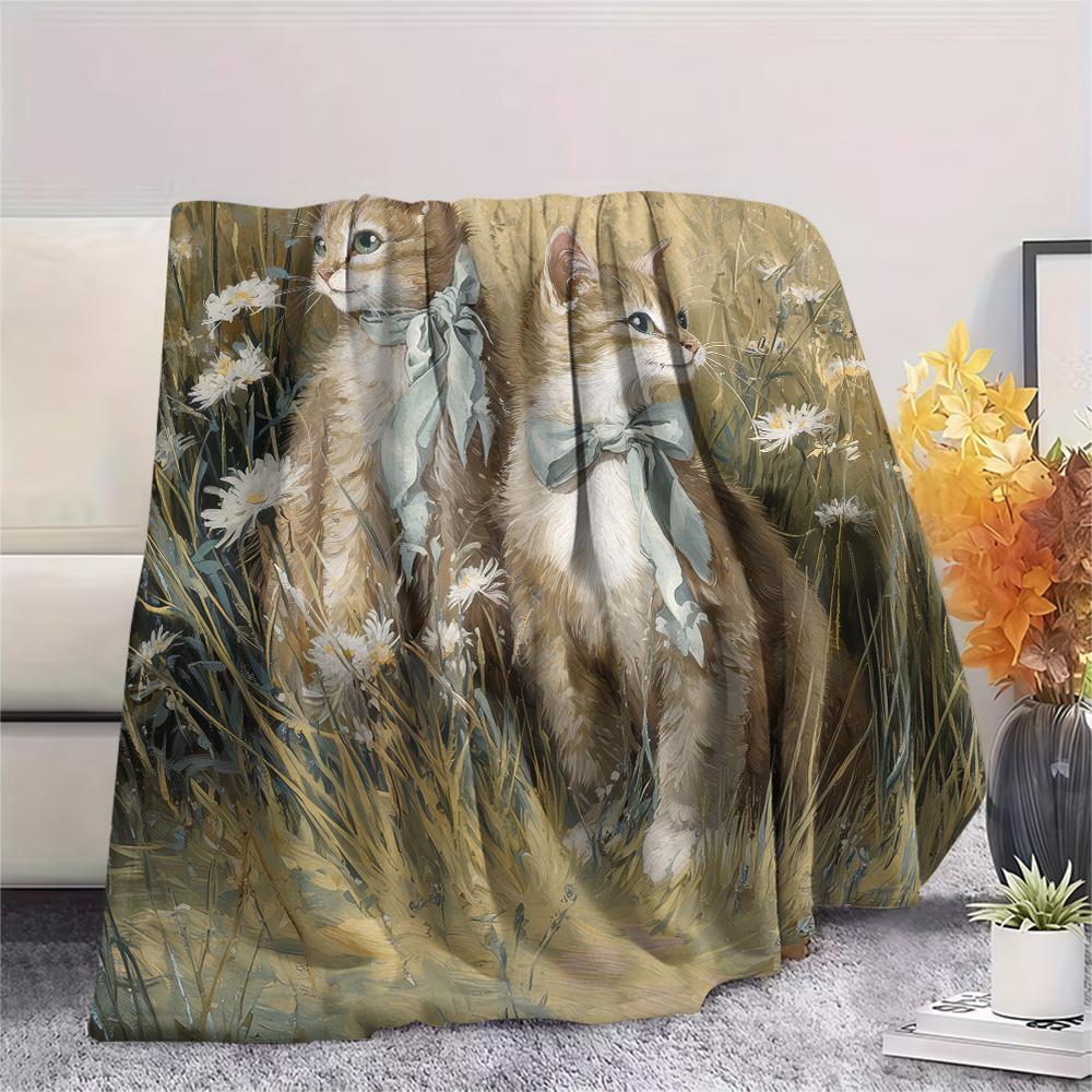 Grass Cat Print Flannel Blanket, High quality Comfortable for All Seasons, Home Decor, Warmth and Comfort