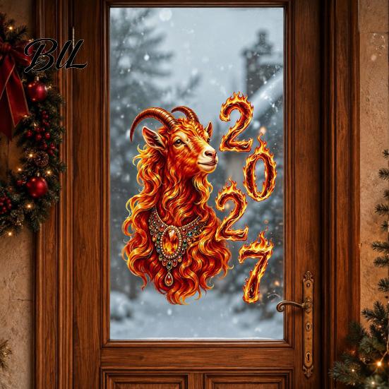 2027 New Year Decorations of Goat Window Cling, Lunar Zodiac Glass Sheep Decals Sticker, Flame Style Spring Festival Door Decor for Home Shop Festive