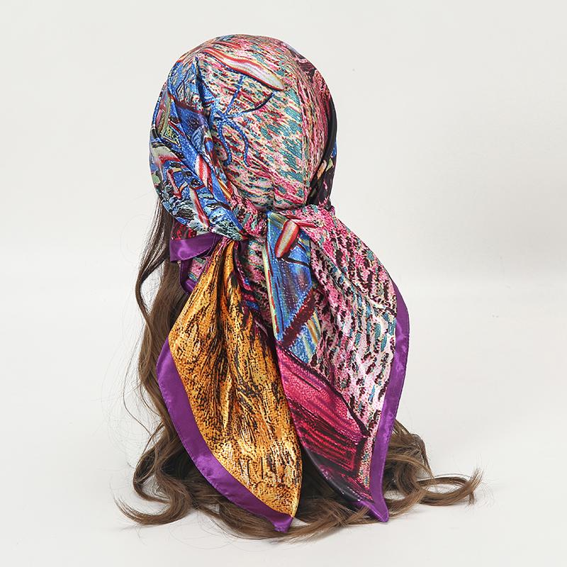Satin Square Scarf Women Muslim Hijab Elegant Print Silk Neckerchief Shawl Wraps Headband Handle Hair Accessories Bandana