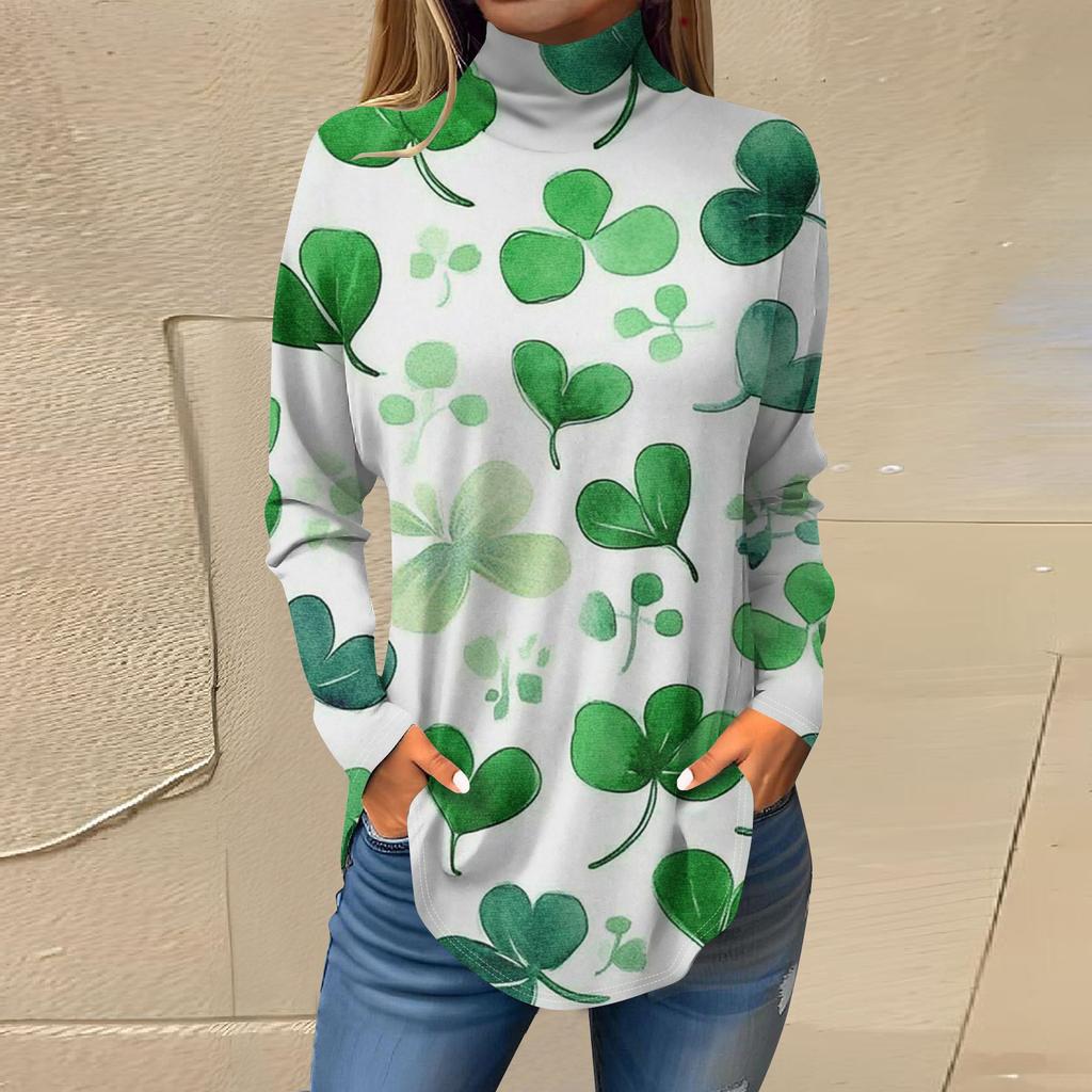 Женский свободный с высоким воротом St. Футболка с длинным рукавом и принтом Патрика. Верхний пуловер.