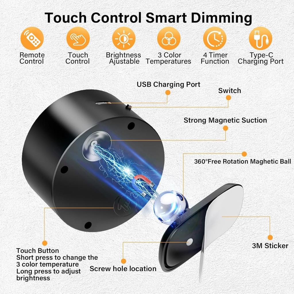 1pcs LED Wall Mounted Lights,Rechargeable Battery Operated Wall Sconce with Remote,3 Color Temperatures & Dimmable Magnetic 360° Rotation Cordless