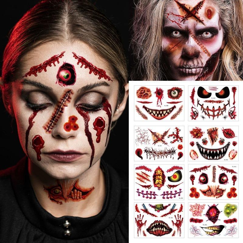 8pcs/set 2024 Hot Sale Halloween Spooky Face Tattoo Stickers Masquerade Scars Scary Face Stickers Tattoo Stickers