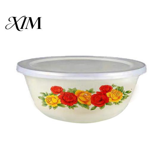 Salad Bowls Clear Pattern Enamel Bowl with Lid Nostalgic Rice Basin Chinese Style for Dinner