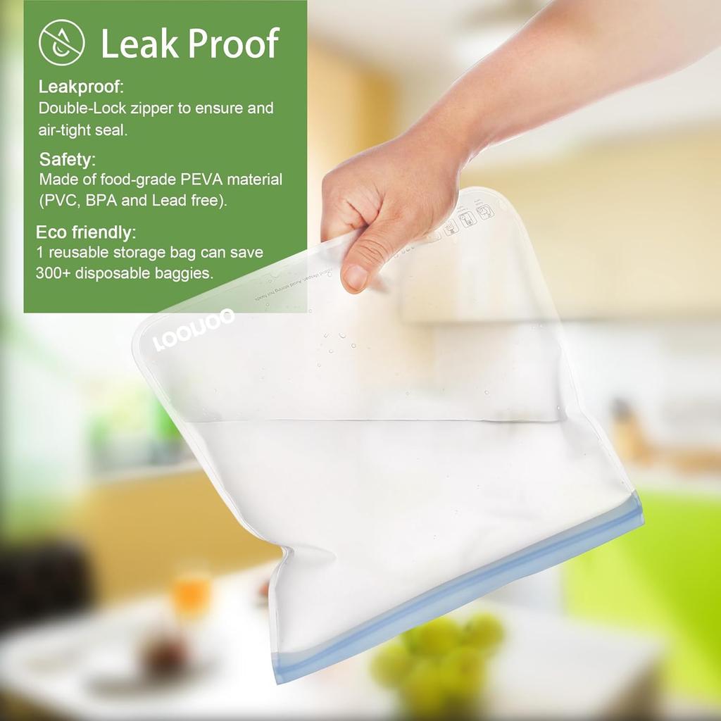 6 Pack Dishwasher Safe Reble Gallon Freezer Bags Food Storage Bags, Extra Thick Leakproof Silicone & Plastic Free Ziplock Bags for Meal Prep, Fruits,