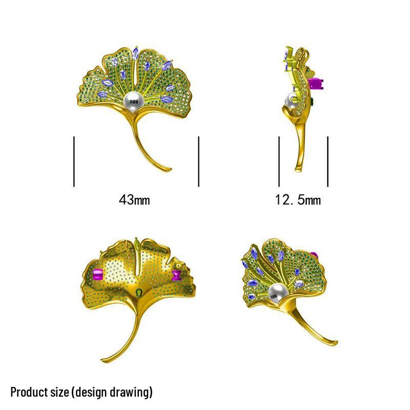Gold-Plated Ginkgo Leaf Brooch with Zircon & Pearl Corsage Pin