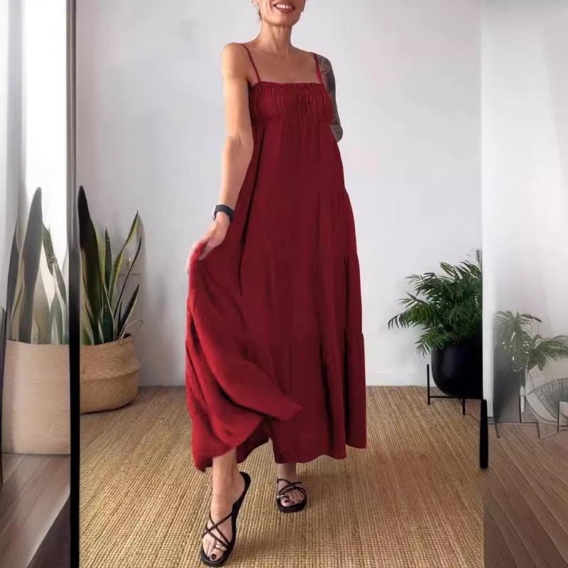 Весна-лето, однотонное повседневное платье с плиссировкой и подтяжками на груди для женщин