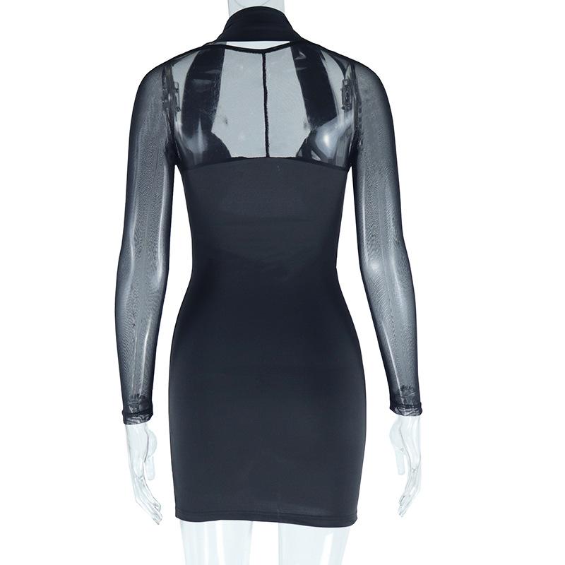 European and American Fashion Women's Sexy Neck Hanging Mesh Splicing Long Sleeved Dress Street Top Bag Hip Skirt