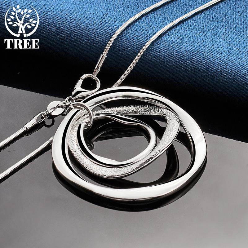 925 Sterling Silver Three Circle Pendant Chain Frosted Necklace Jewelry