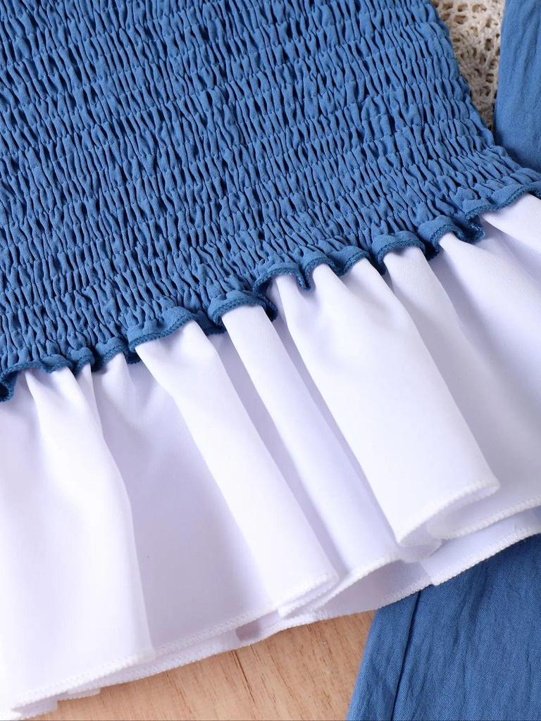 Летний комплект для девочек: блузка со сборками и брюки широкого кроя - европейский и американский стиль