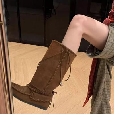 Женские Fanfeng ручной работы плетеные на плоской подошве с бахромой прямые сапоги новые тонкие ремешки этнические западные сапоги