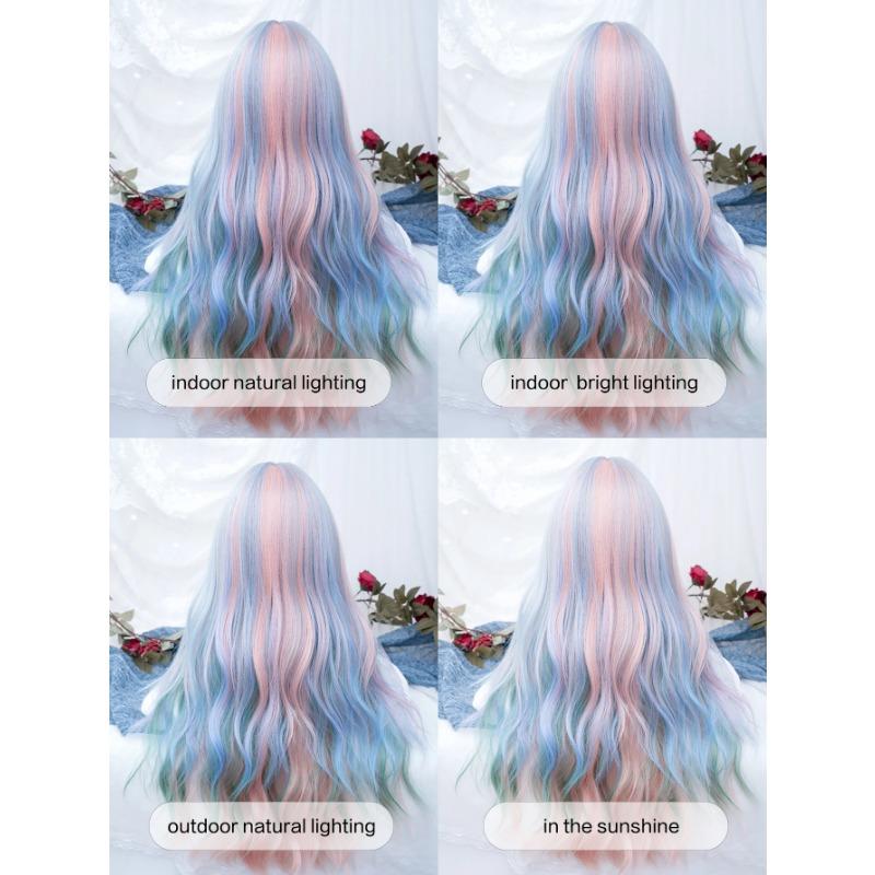 28-дюймовый переливающийся цвет радуги, разноцветные синтетические парики с челкой, длинный парик из натуральных волнистых волос для женщин, термостойкий для косплея