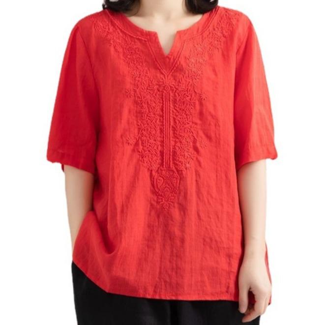 Женская хлопково-льняная однотонная футболка с коротким рукавом - Летний трендовый свободный ретро-топ 2024