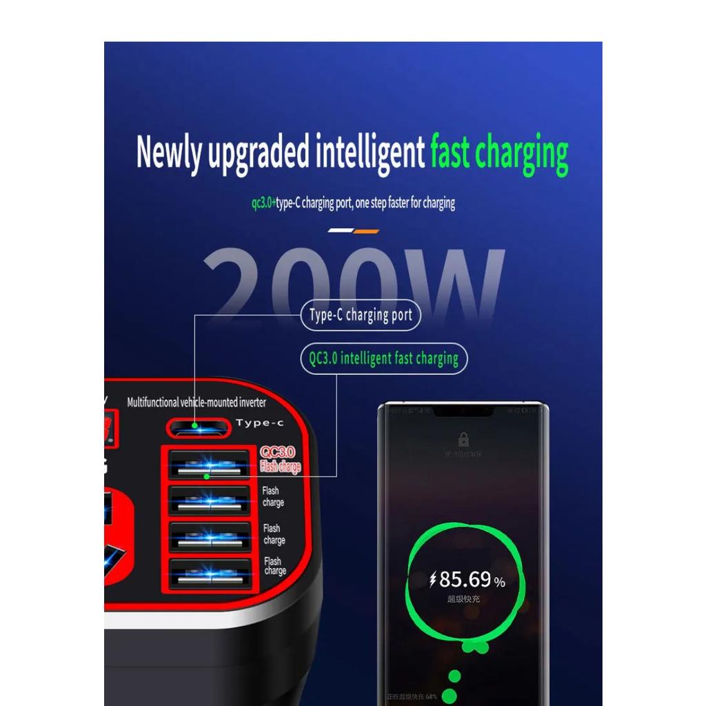 Автомобильный инвертор 24 В 12 В 220 В 120 Вт со светодиодным дисплеем 3, устанавливаемый в автомобиле инверторный преобразователь с чашкой, зарядное устройство QC, карманный инвертор