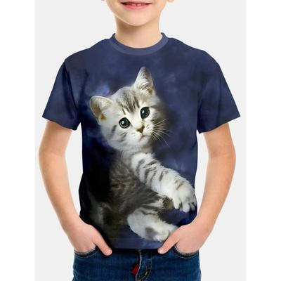 Футболка для летнего мальчика с принтом 3D котенка, круглый вырез, короткий рукав