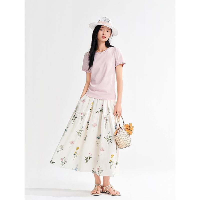 Jiuzi Anna Kou Elegant and Gentle Style Flower Nail Bead Round Neck Pullover H-shaped T-shirt for Women