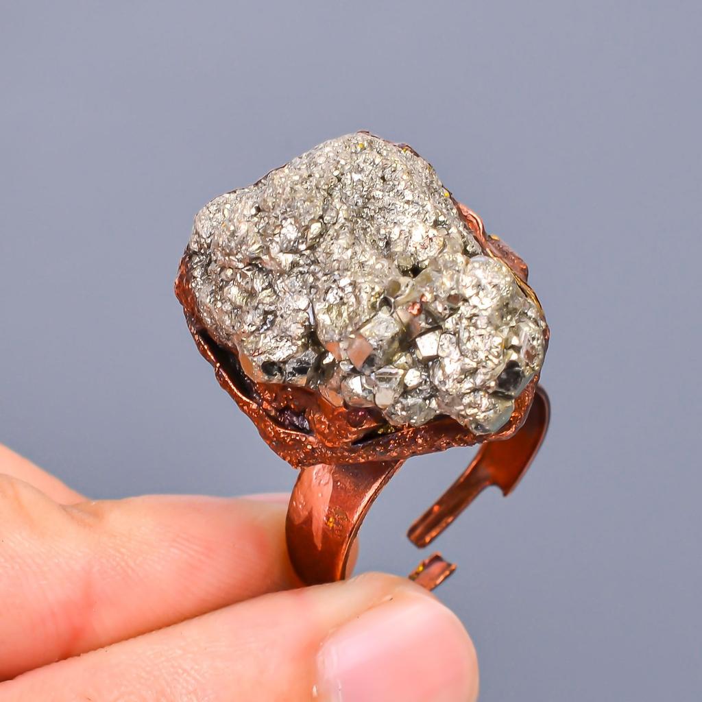 Распродажа ко Дню дружбы Пирит Друза Драгоценный камень Медь Заявление Вечность Обещание Кольцо V-12