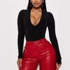 European and American Women's Long Sleeved V-neck Tight and Sexy Solid Color Jumpsuit