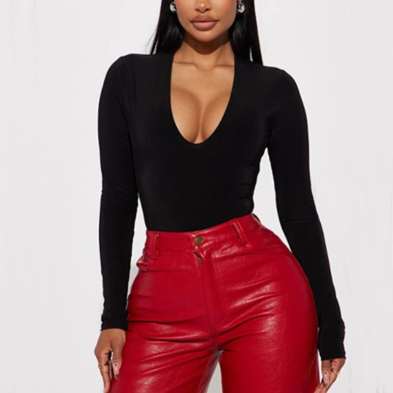 European and American Women's Long Sleeved V-neck Tight and Sexy Solid Color Jumpsuit