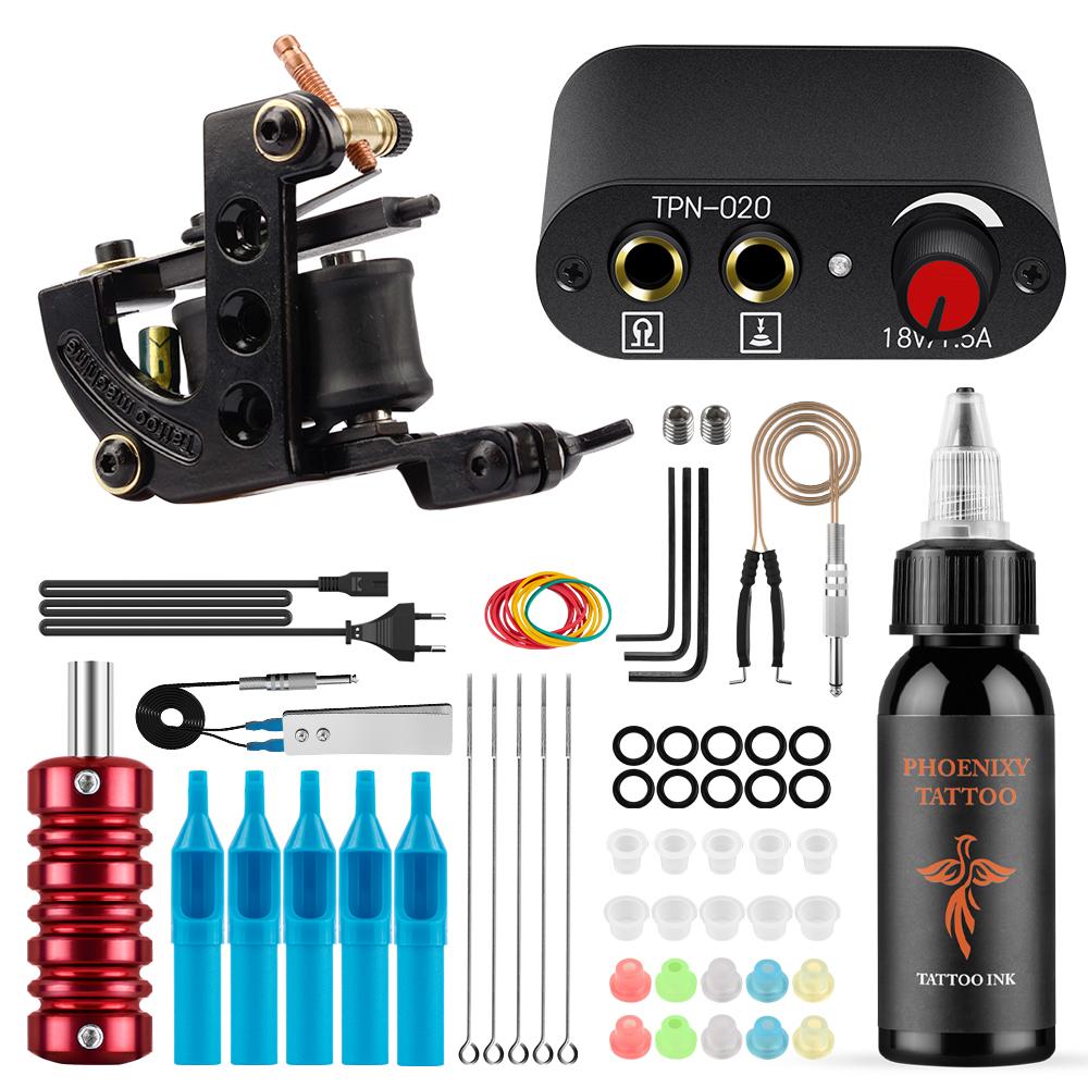 PHOENIXY Starter Tattoo Machines Gun с 30 мл чернилами, пигментом, источником питания для татуировки, традиционные игольчатые ручки для татуировки, инструменты для боди-арта, полный комплект